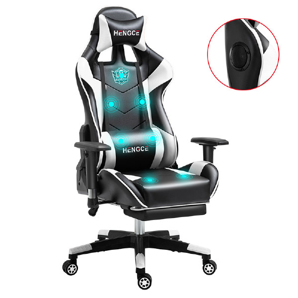 Black White Audio Silla Gamer Computer Chair Massage PU Leather  Racing Gaming Chair with Footrest